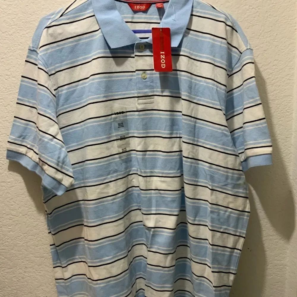 IZOD Men's Polo Shirt Adult XXL Navy Blue White Striped Short Sleeve NEW